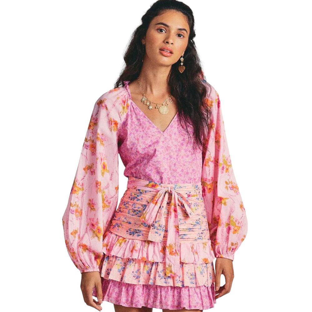 Pink Ripple Women’s Size Medium Floral Flounced Ruched Minidress NEW WITH TAGS